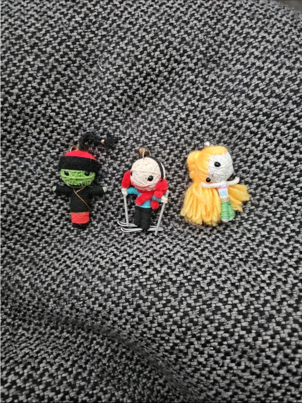 Handmade Mini Voodoo Doll Charms - Trio (Green, Red/Blue, Yellow)